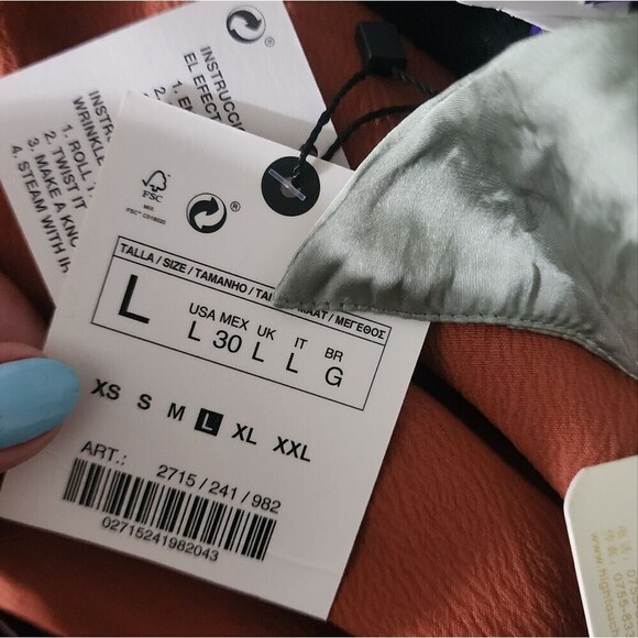 ZARA Creased Wrinkle Effect Silky Pale Green Button Up Long Sleeve Top Large - Picture 6 of 6